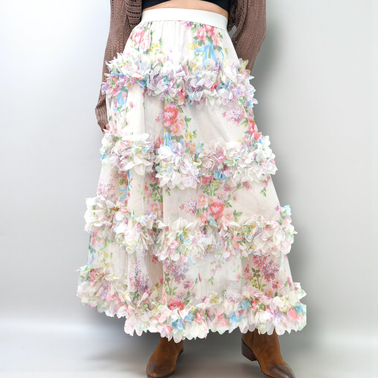 Floral Mesh Tiered Maxi Skirt