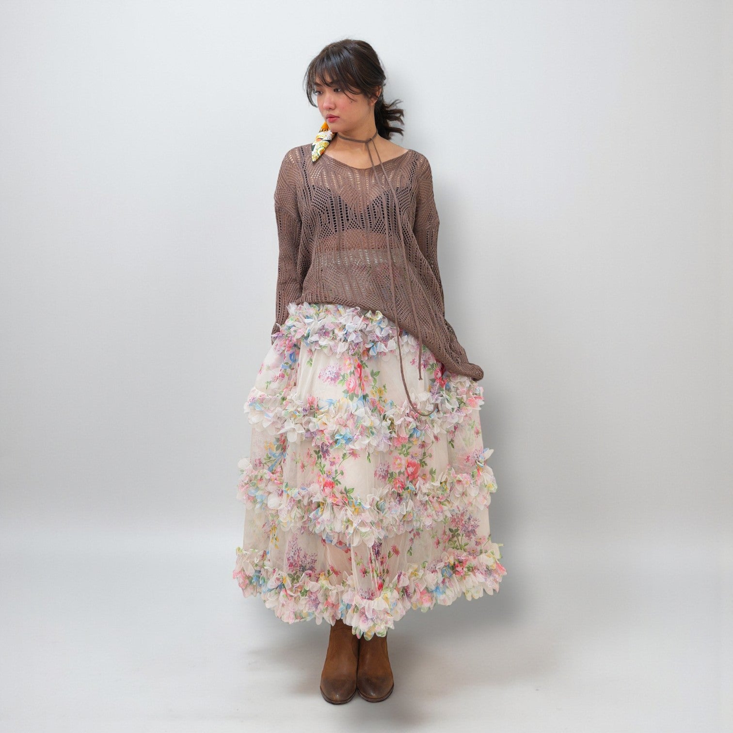 Floral Mesh Tiered Maxi Skirt